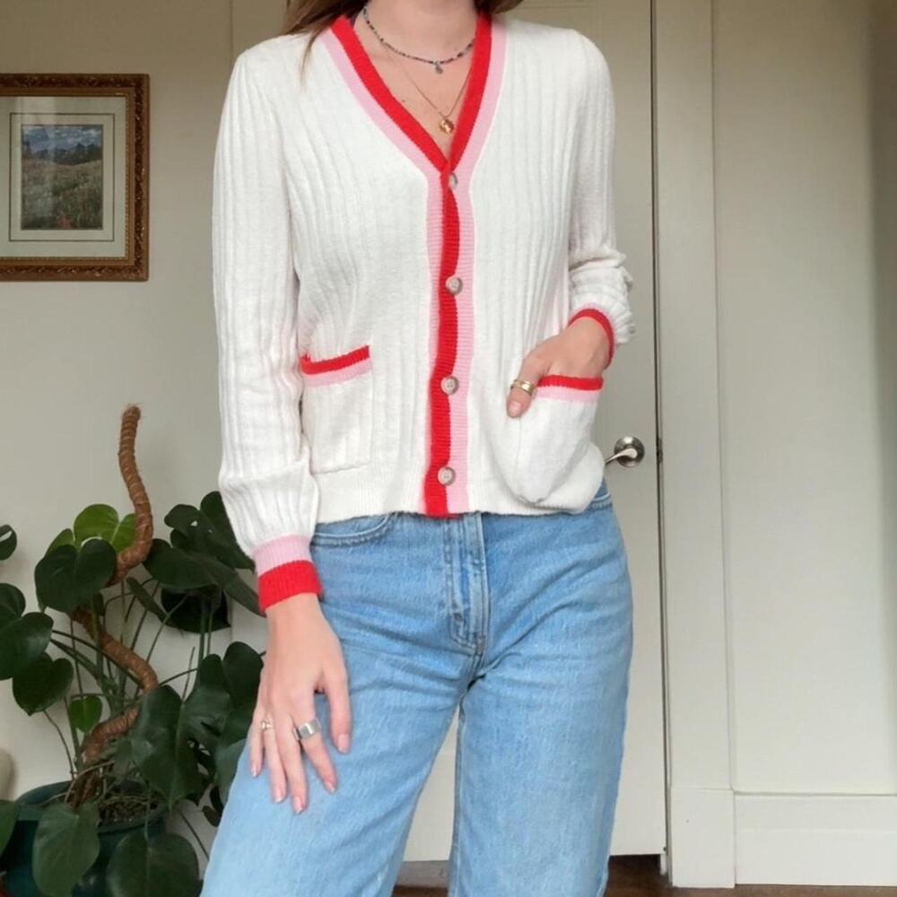 loft white cardigan with red and pink details